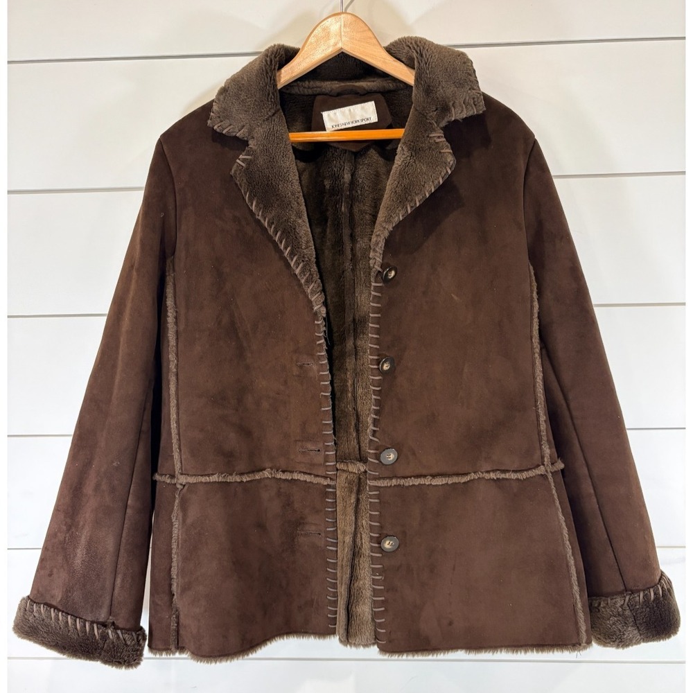 Jones New York Sport Women's Large Faux Suede Fur Coat Brown Shearling Jacket